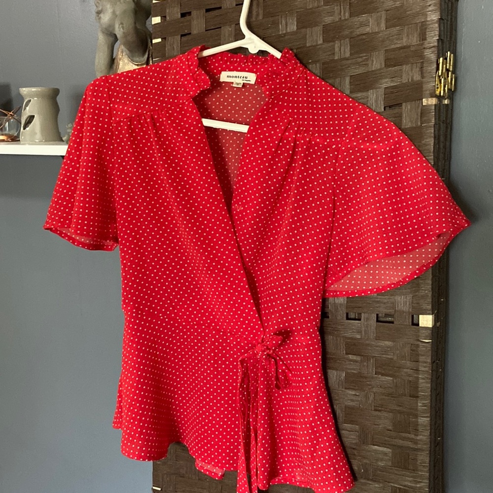 Red polka dot blouse. Monteau brand. Size small